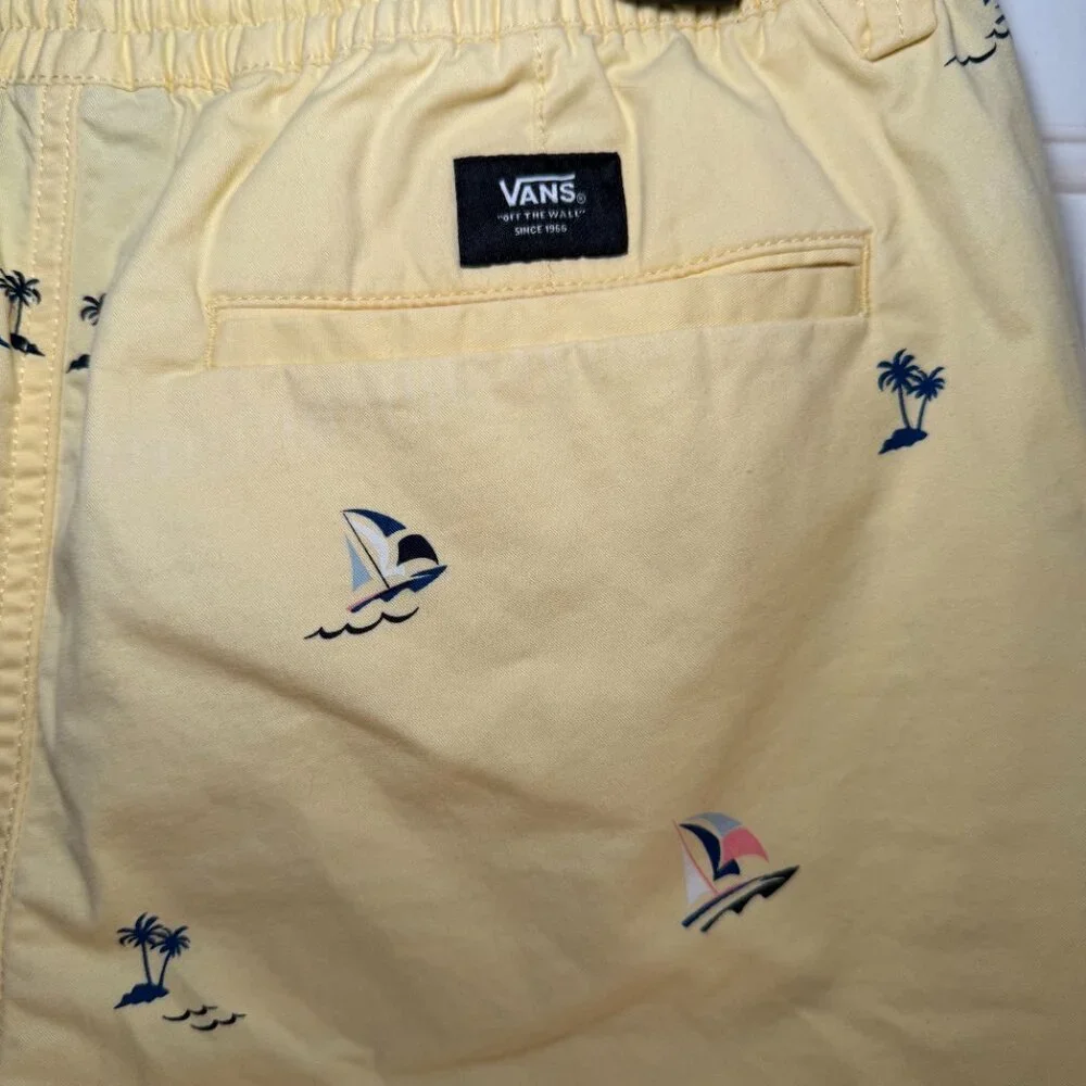 Vans Yellow Flat Front Relaxed Fit Shorts with Nautical Print